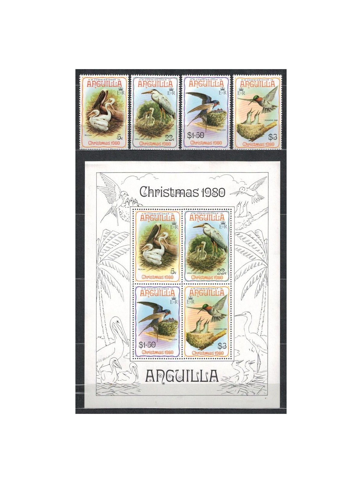 ANGUILLA 1980 Natale, uccelli 4v + 1 BF MNH**