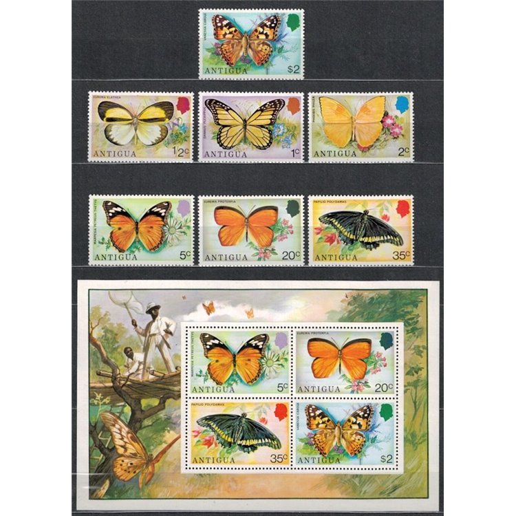 ANTIGUA 1975 Butterflies and flowers 7v + 1 s/s MNH**