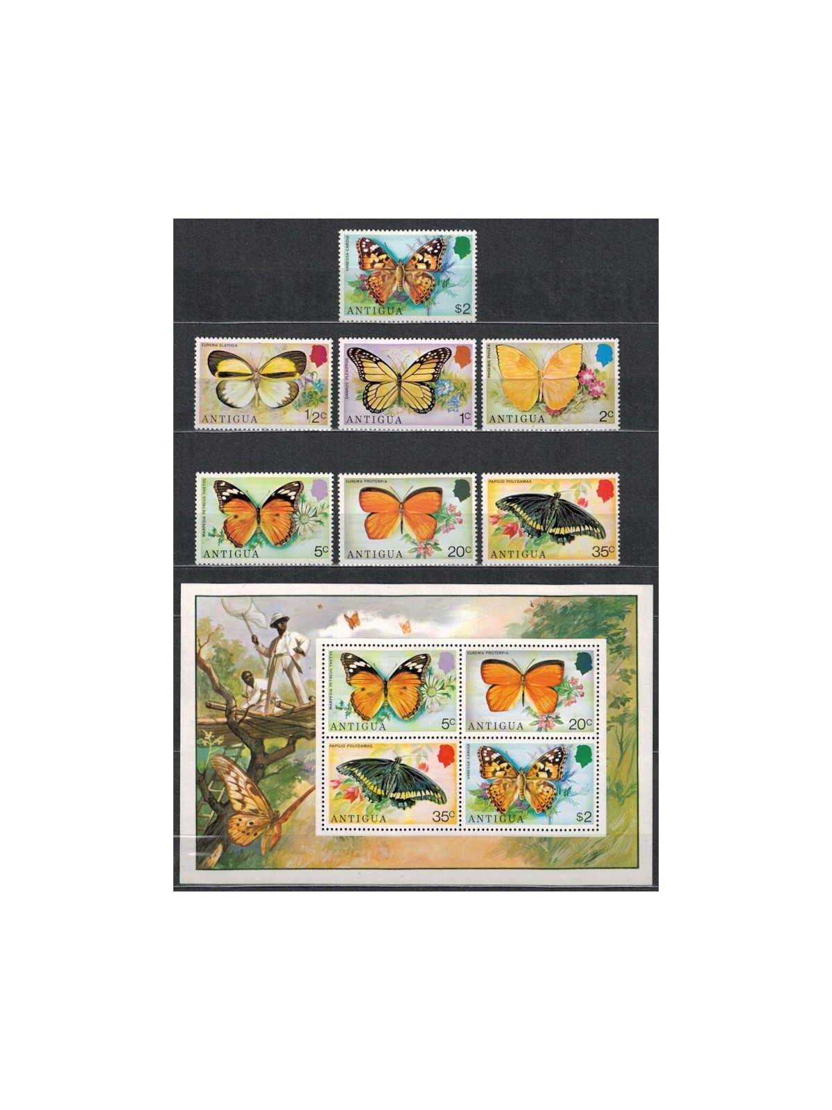 ANTIGUA 1975 Butterflies and flowers 7v + 1 s/s MNH**