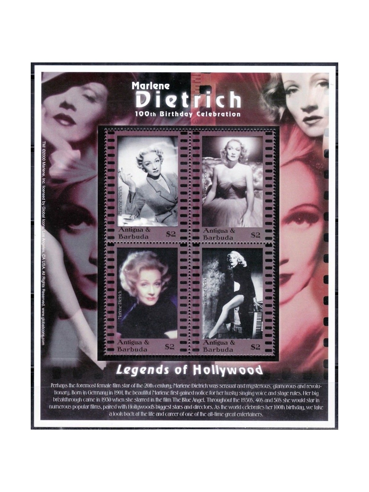 ANTIGUA AND BARBUDA 2001 Marlene Dietrich 4v MNH**