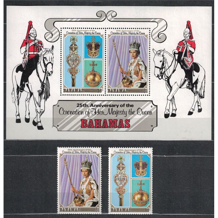 BAHAMAS 1978 25th Coronation Anniversary 2v + 1 s/s MNH**
