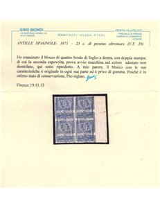 ANTILLE SPAGNOLE 1871 Varietà quartina 25c oltremare ©