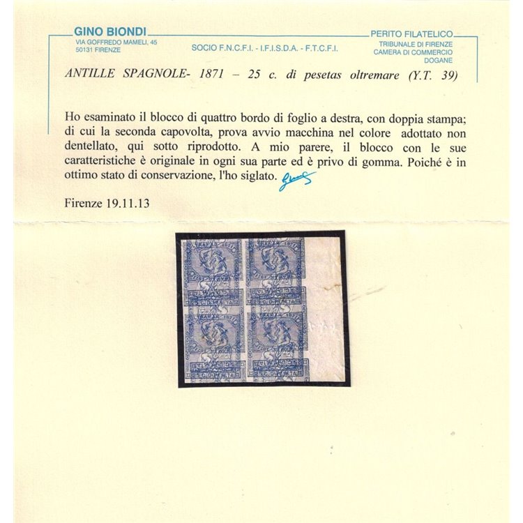 ANTILLE SPAGNOLE 1871 Varietà quartina 25c oltremare ©