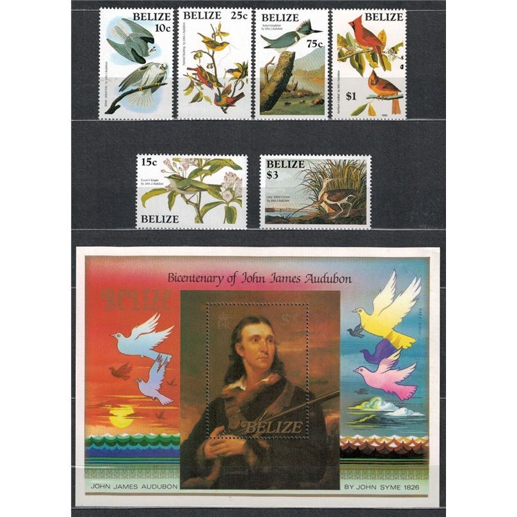BELIZE 1985 John James Audubon, uccelli 6v + 1 BF MNH**