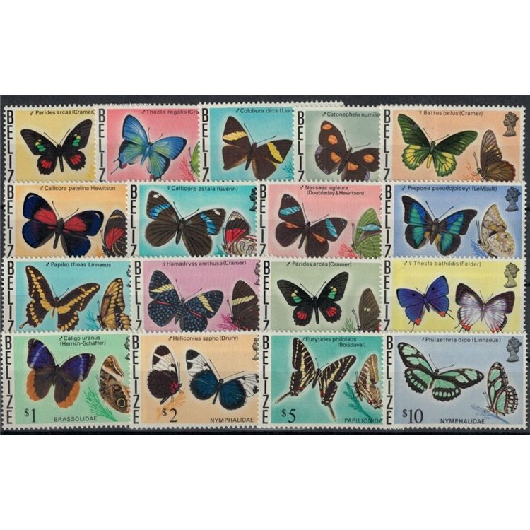 BELIZE 1974-75 Fauna, farfalle 17v MNH**