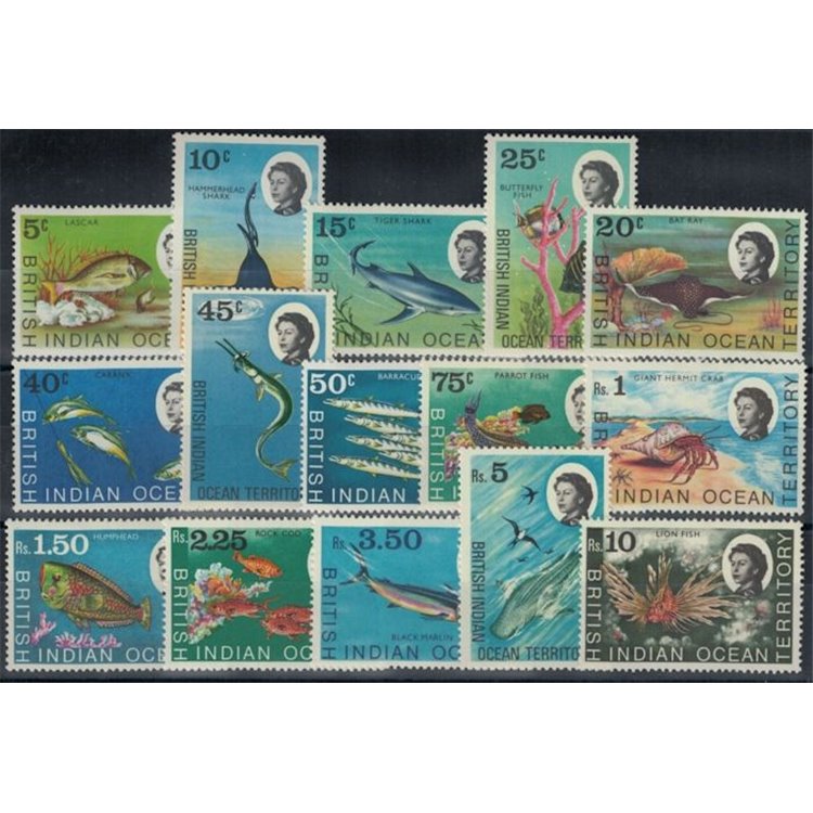TERRITORIO BRITANNICO DELL'OCEANO INDIANO 1968 Fauna marina 15v MNH**