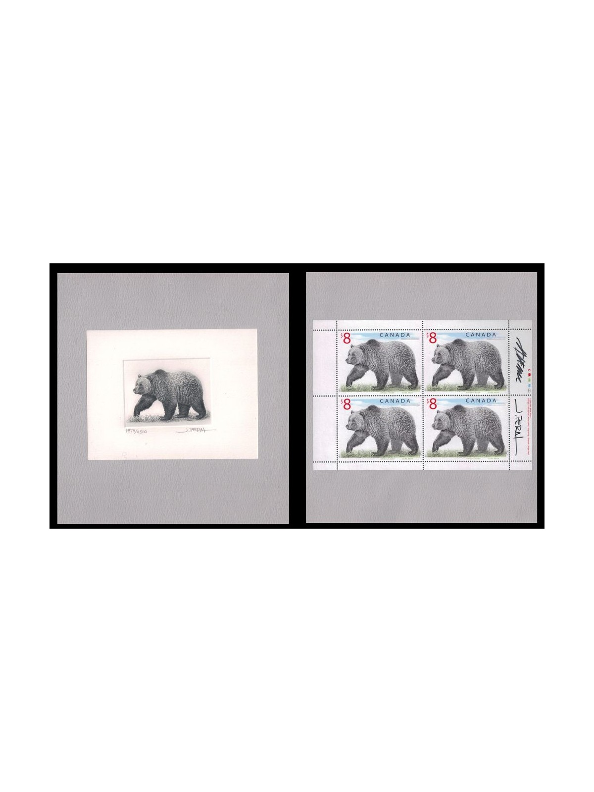 CANADA 1997 Grizzly Bear, Prova + Foglietto firmati dall'artista e dall'incisore