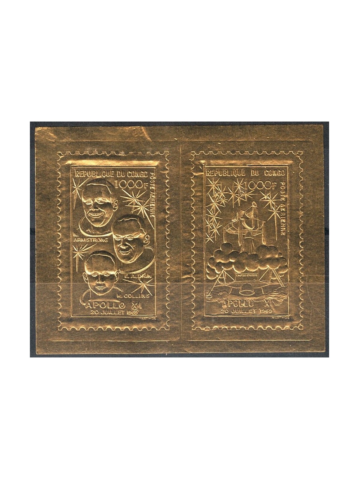 CONGO (BRAZZAVILLE) 1969 Apollo 11, gold stamps s/s MNH**