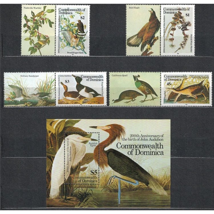 DOMINICA 1985 John James Audubon, uccelli 4v + 1 BF MNH**