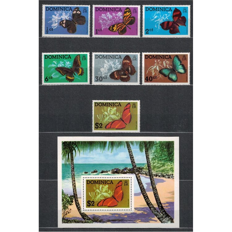DOMINICA 1975 Fauna, farfalle 7v + 1 BF MNH**