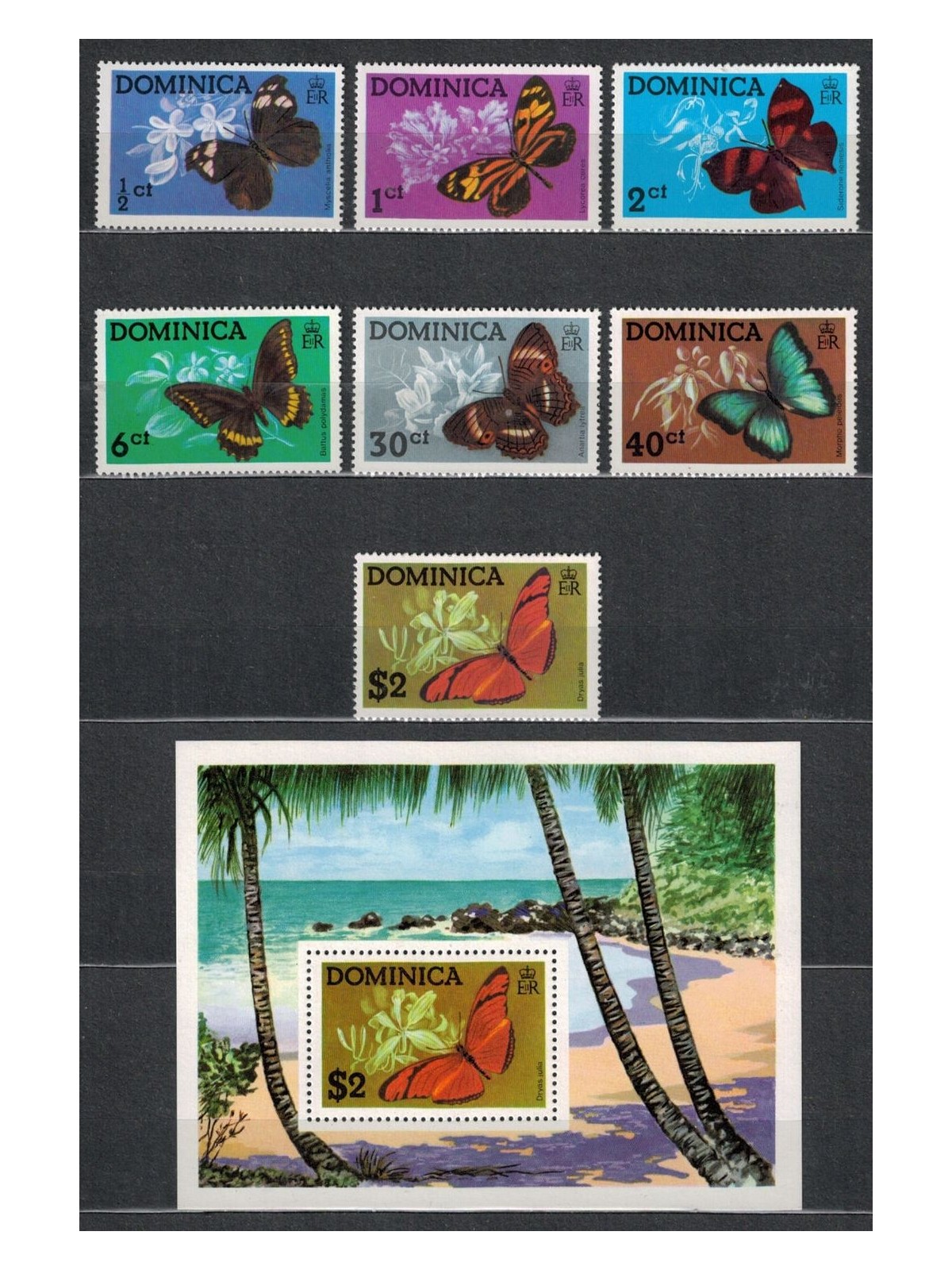 DOMINICA 1975 Fauna, butterflies 7v + 1 s/s MNH**
