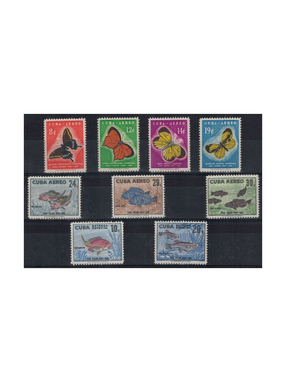 CUBA 1958 Felipe Poey, pesci e farfalle 9v MNH**