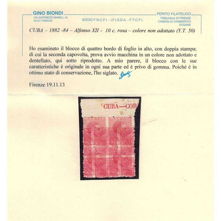 CUBA 1882 Varietà 10c Alfonso XII con doppia stampa (in quartina) ©