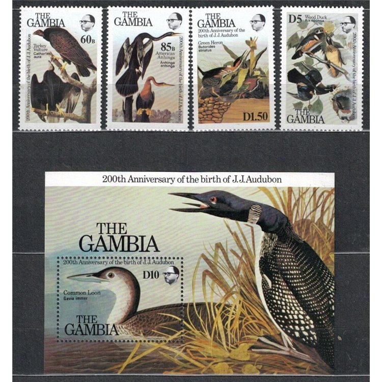 GAMBIA 1985 John James Audubon, birds 4v + 1 s/s MNH**