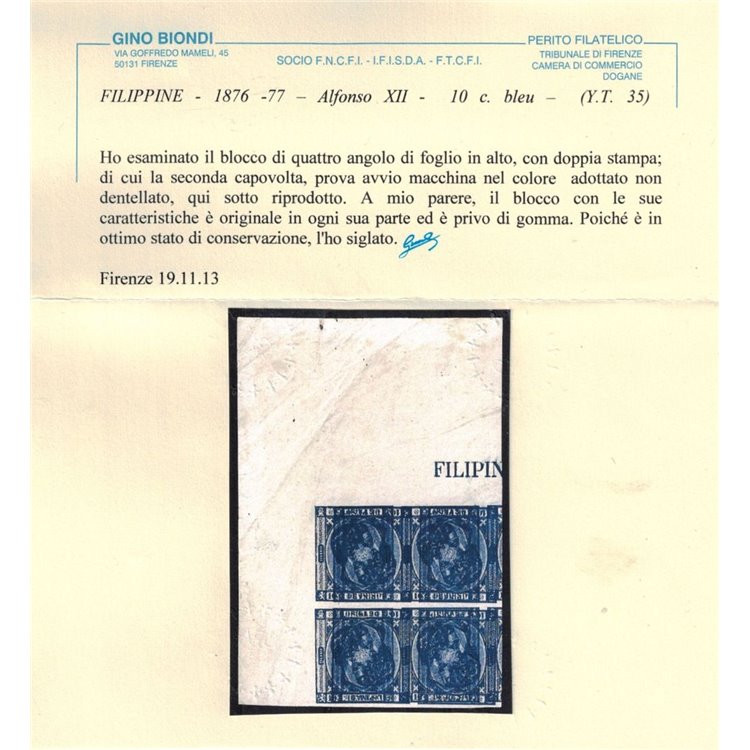 PHILIPPINES 1876 Block of four Alfonso XII 10c bleu ©