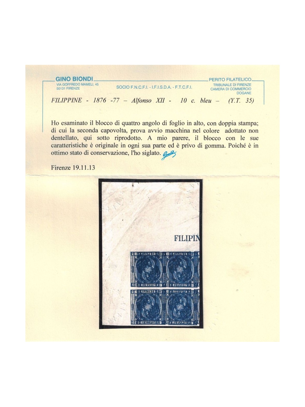 FILIPPINE 1876 Quartina Alfonso XII 10c bleu ©