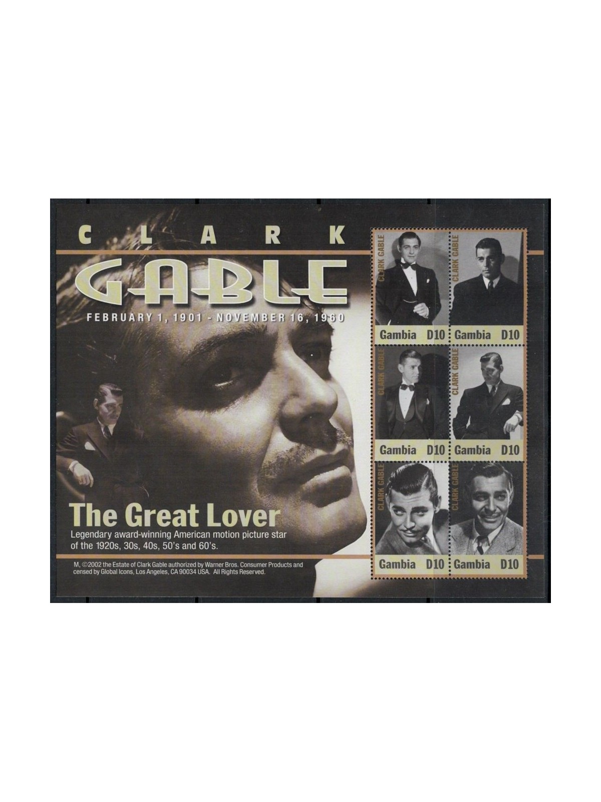 GAMBIA 2002 Film Actors, Clark Gable 6v MNH**