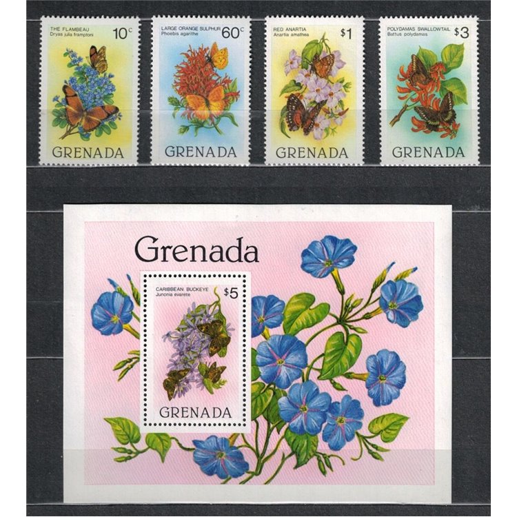 GRENADA 1982 Farfalle e fiori 4v + 1 BF MNH**