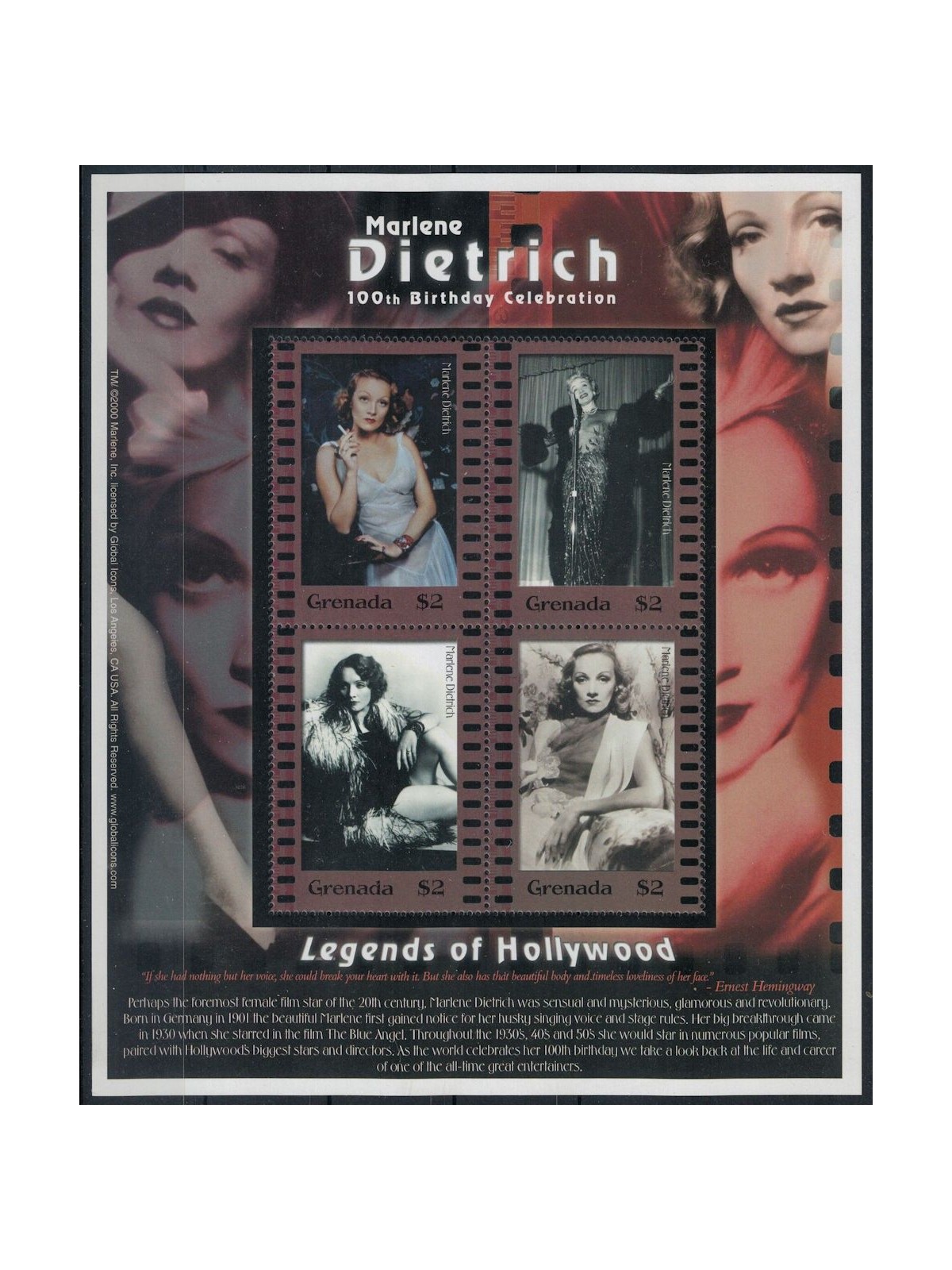 GRENADA 2001 Marlene Dietrich 4v MNH**