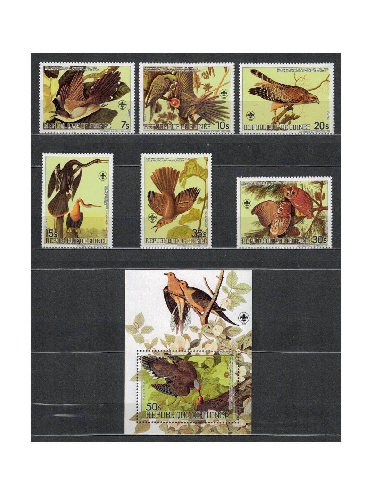 GUINEA 1985 John James Audubon 6v + 1 BF MNH**