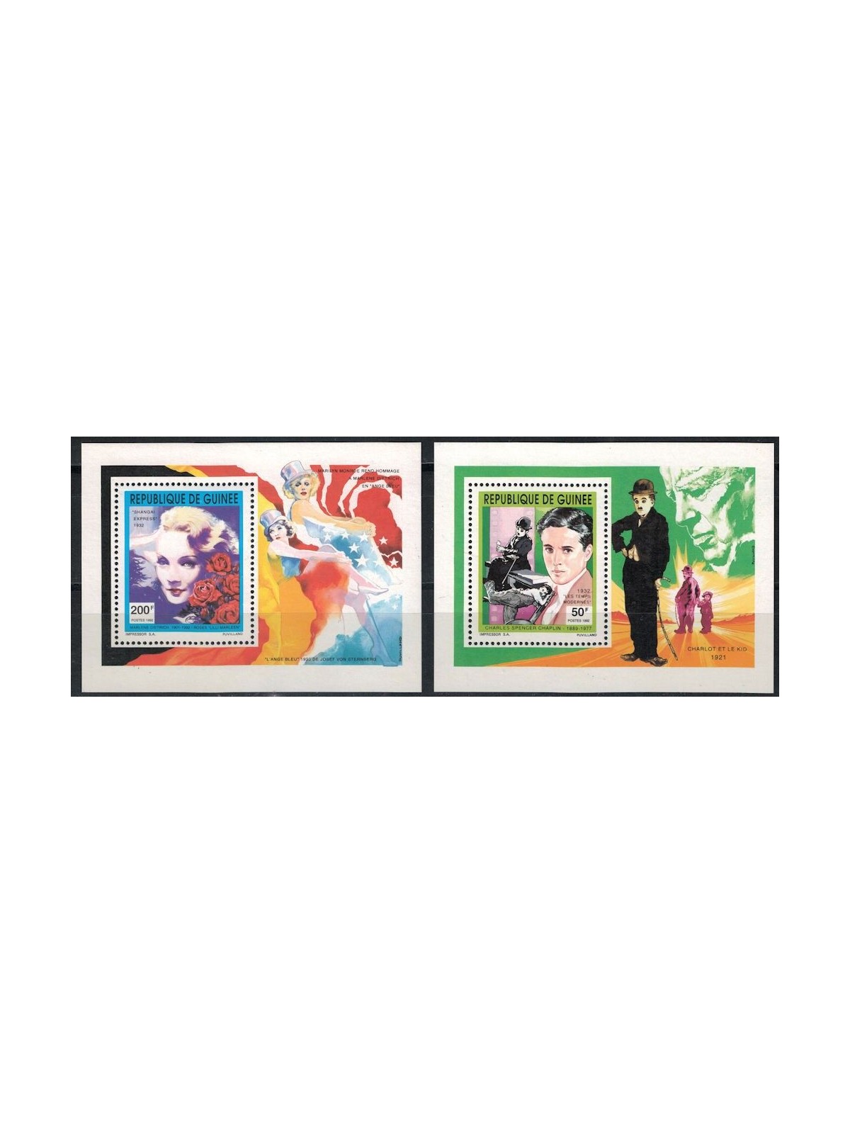 GUINEA 1992 Charlie Chaplin e Marlene Dietrich 2 BF MNH**