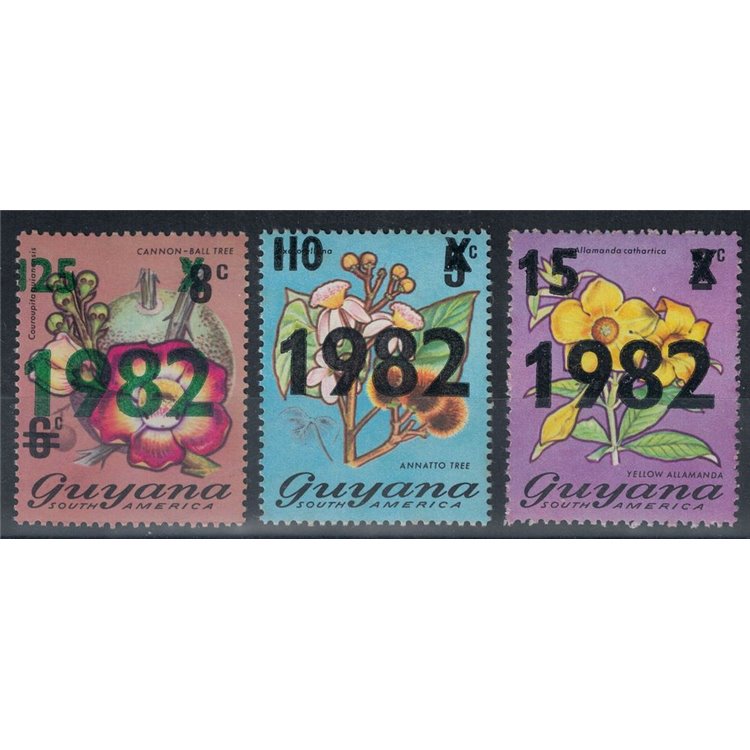 GUYANA 1982 Fiori, soprastampati 3v MNH**