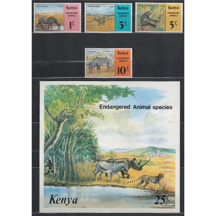 KENYA 1985 Endangered animals 4 v + 1 s/s