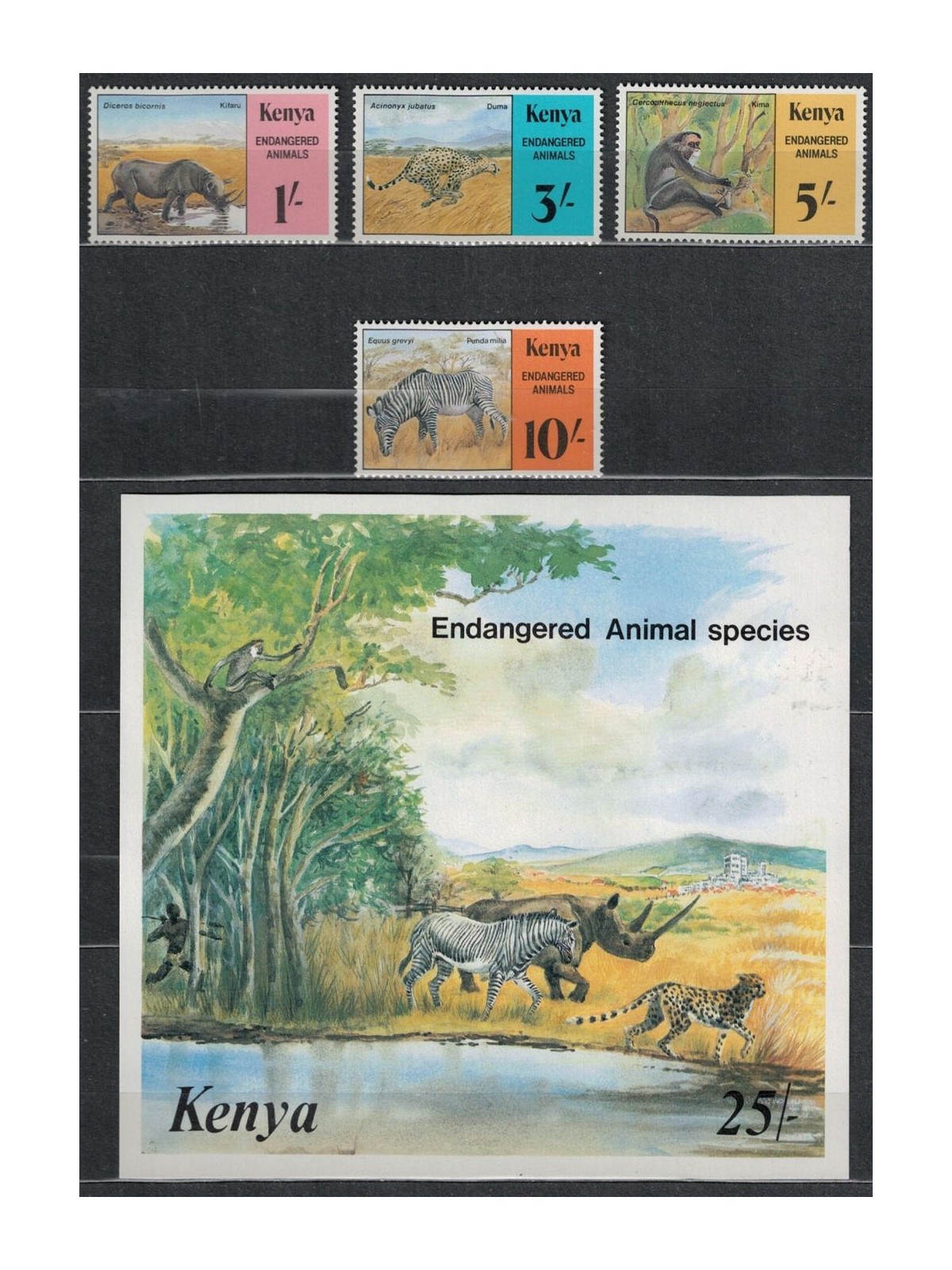 KENYA 1985 Endangered animals 4 v + 1 s/s