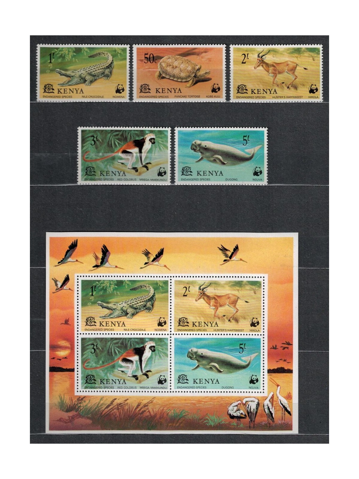 KENYA 1977 WWF, Animals 5 v + 1 s/s