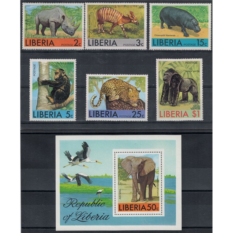 LIBERIA 1976 Animali africani 6v + 1 BF MNH**