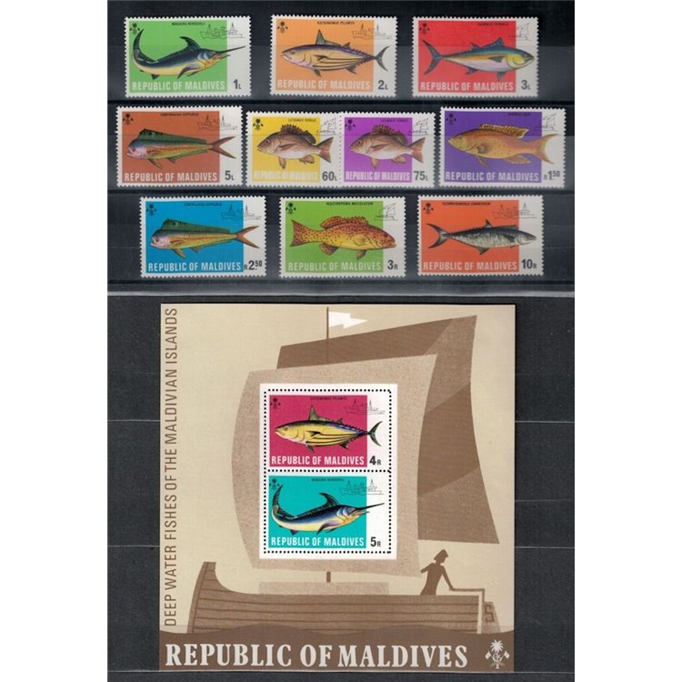 MALDIVES 1973 Deep-sea fish 10v + 1 s/s MNH**