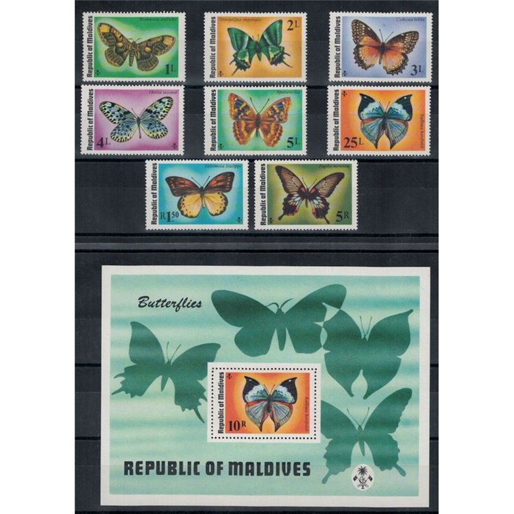 MALDIVES 1975 Fauna, butterflies 8v + 1 s/s MNH**