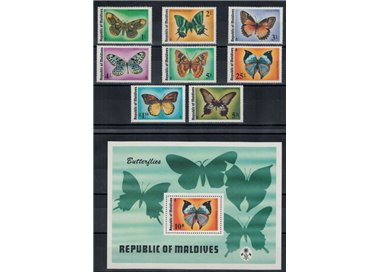 MALDIVE 1975 Fauna, farfalle 8v + 1 BF MNH**