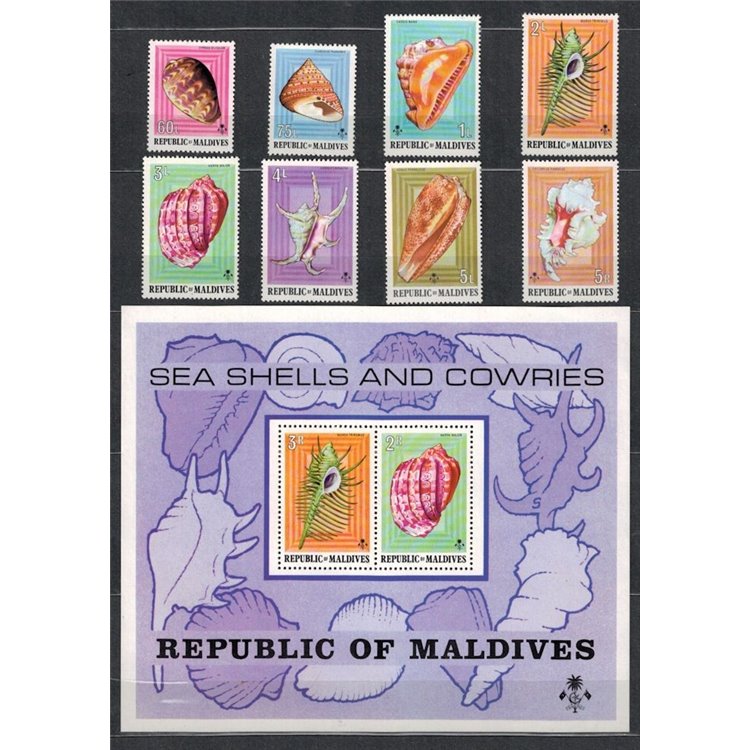 MALDIVES 1974 Marine fauna, shells 8v + 1 s/s MNH**