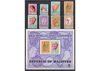 MALDIVE 1974 Fauna marina, conchiglie 8v + 1 BF MNH**