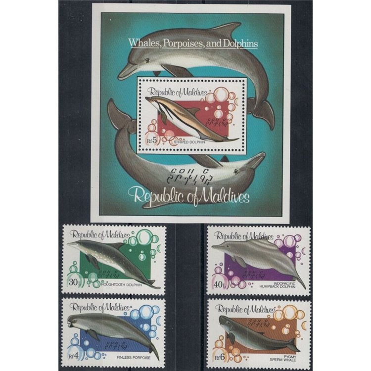 MALDIVES 1983 Whales and dolphins 4v + 1 s/s MNH**