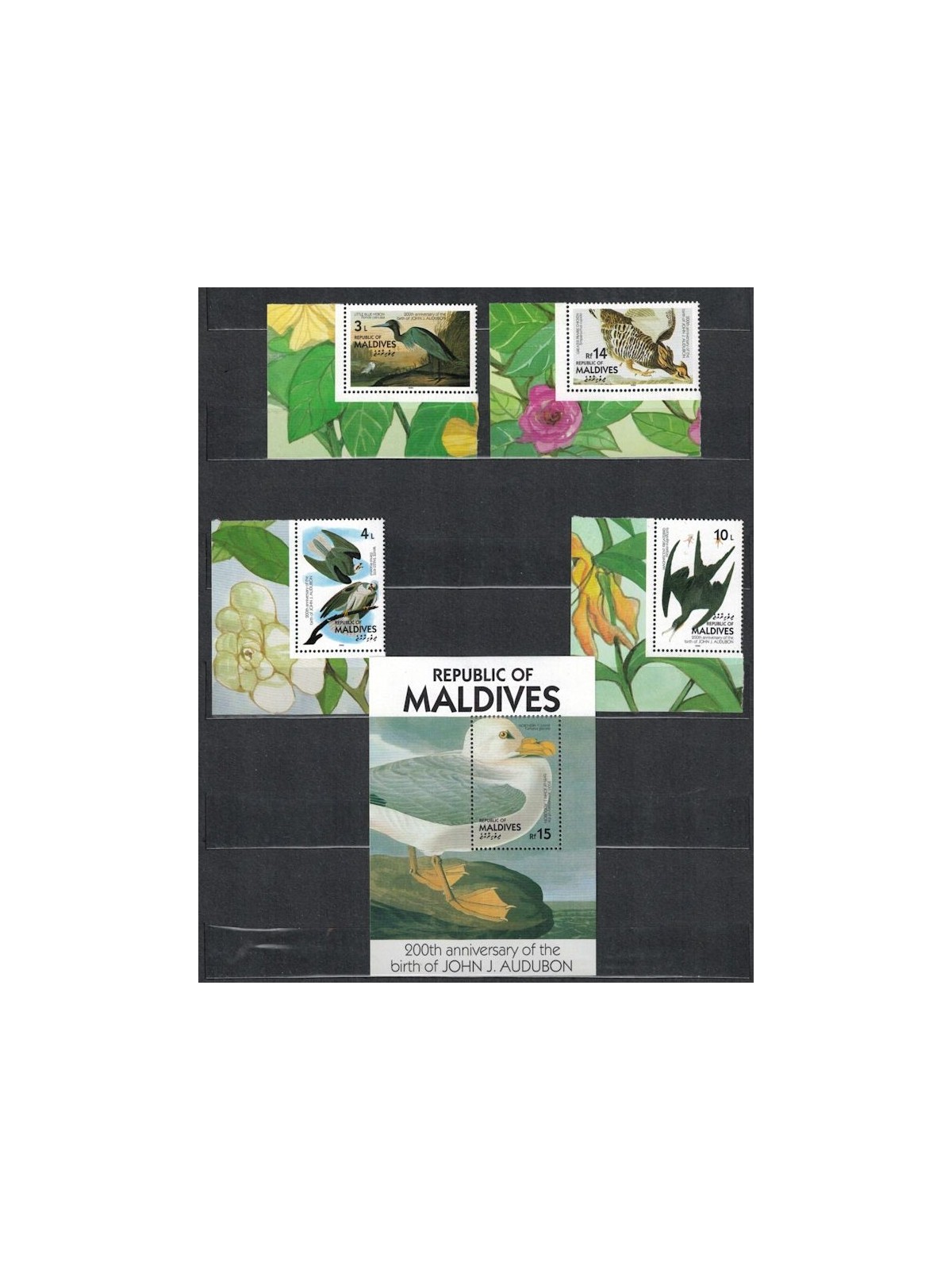 MALDIVE 1986 John James Audubon, uccelli (II) 4v + 1 BF MNH**
