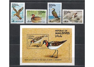 MALDIVE 1985 John James Audubon, uccelli (I) 4v + 1 BF MNH**