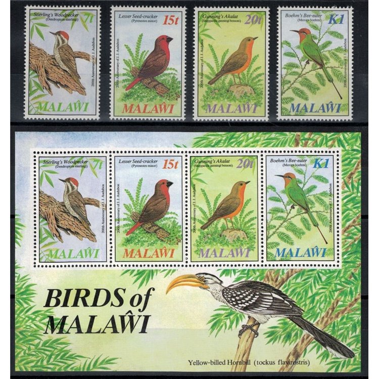 MALAWI 1985 John James Audubon, uccelli 4v + 1 BF MNH**