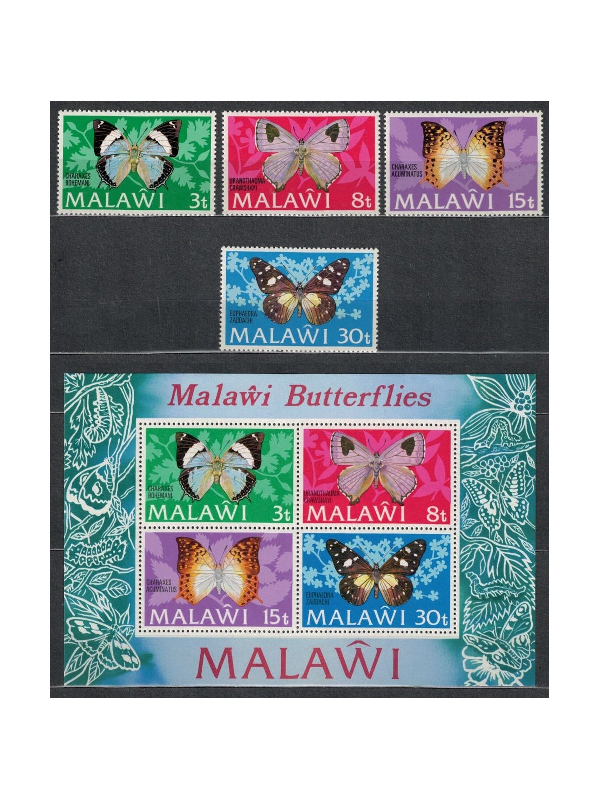 MALAWI 1973 Fauna, farfalle 4v + 1 BF MNH**