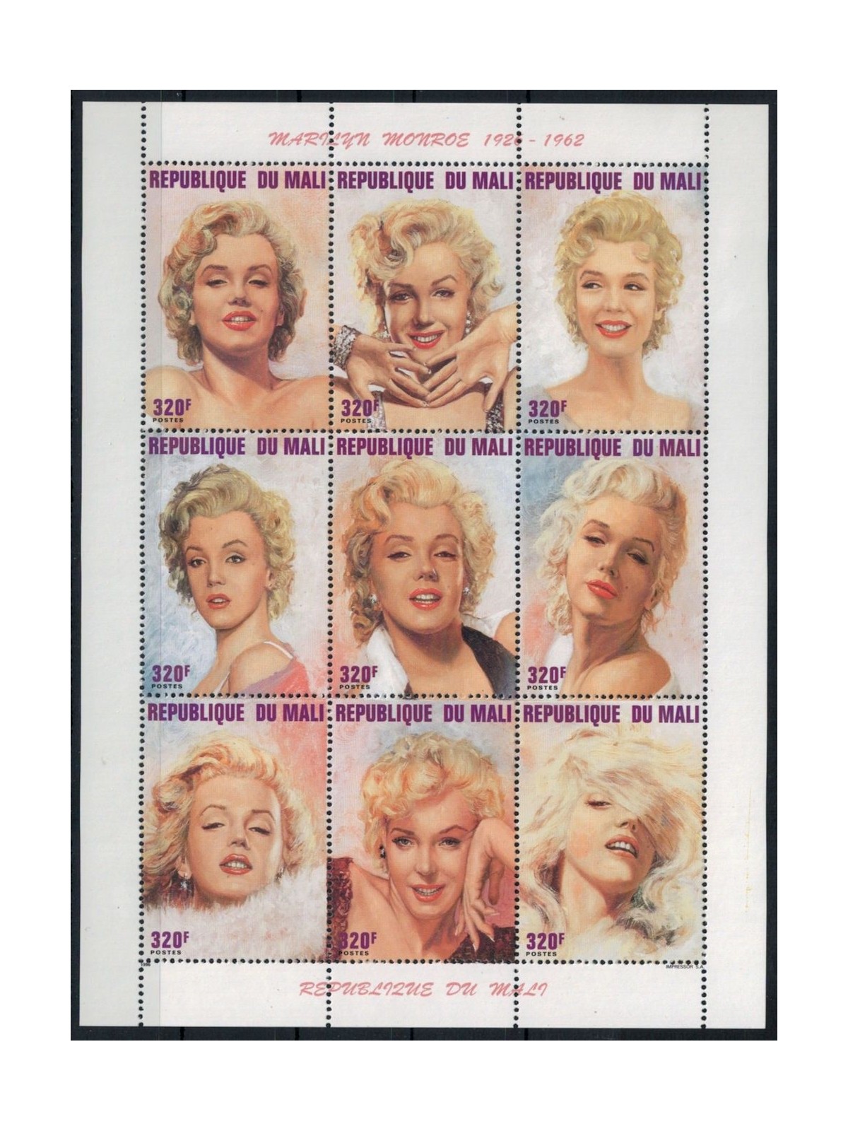 MALI 1996 Marilyn Monroe 9v MNH**