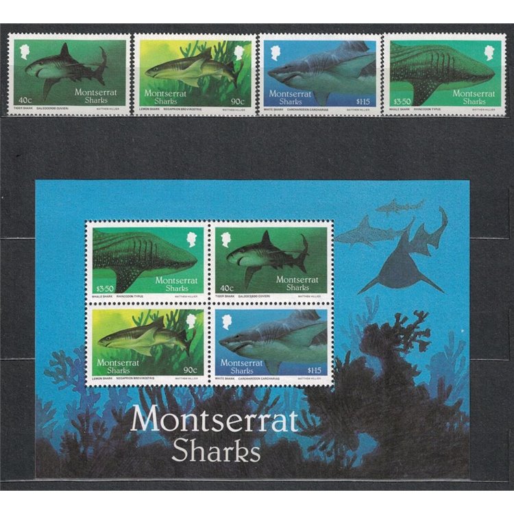 MONTSERRAT 1987 Fauna marina, squali 4v + 1 BF MNH**