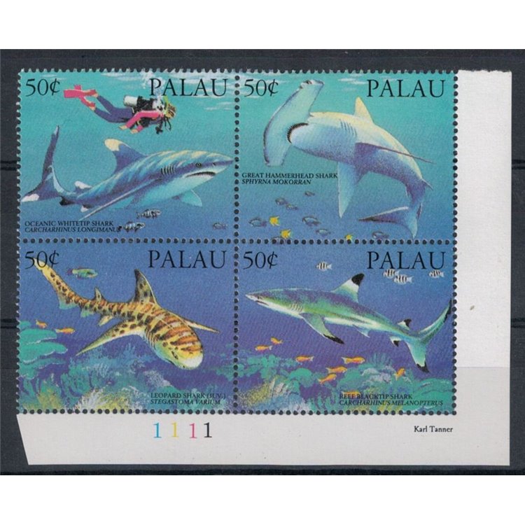 PALAU 1993 Marine fauna, sharks - Sharks 4v MNH**