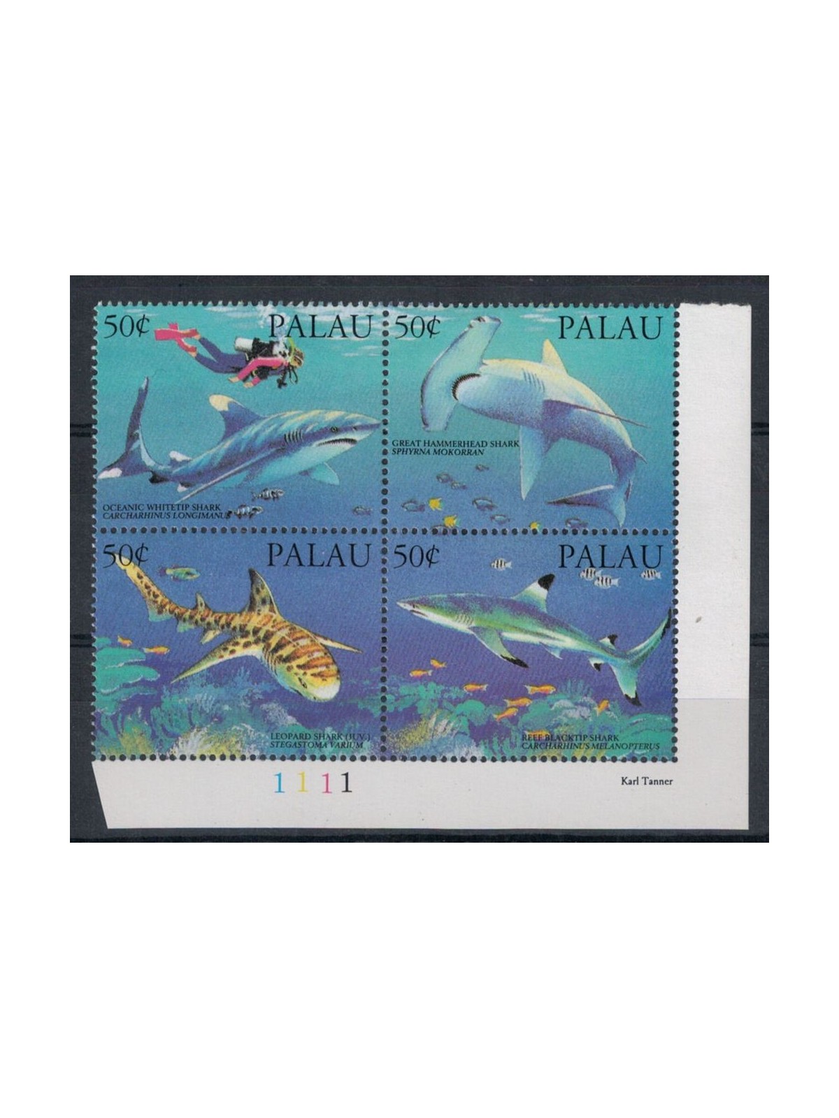 PALAU 1993 Marine fauna, sharks - Sharks 4v MNH**
