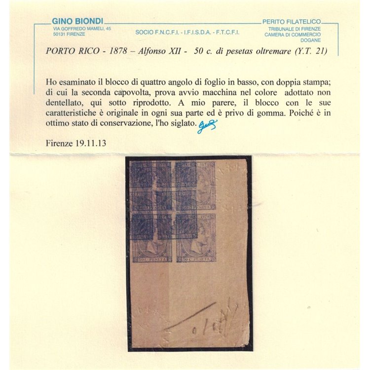 PUERTO RICO 1878 Alfonso XII quartet - 50c. ultramarine pesetas ©