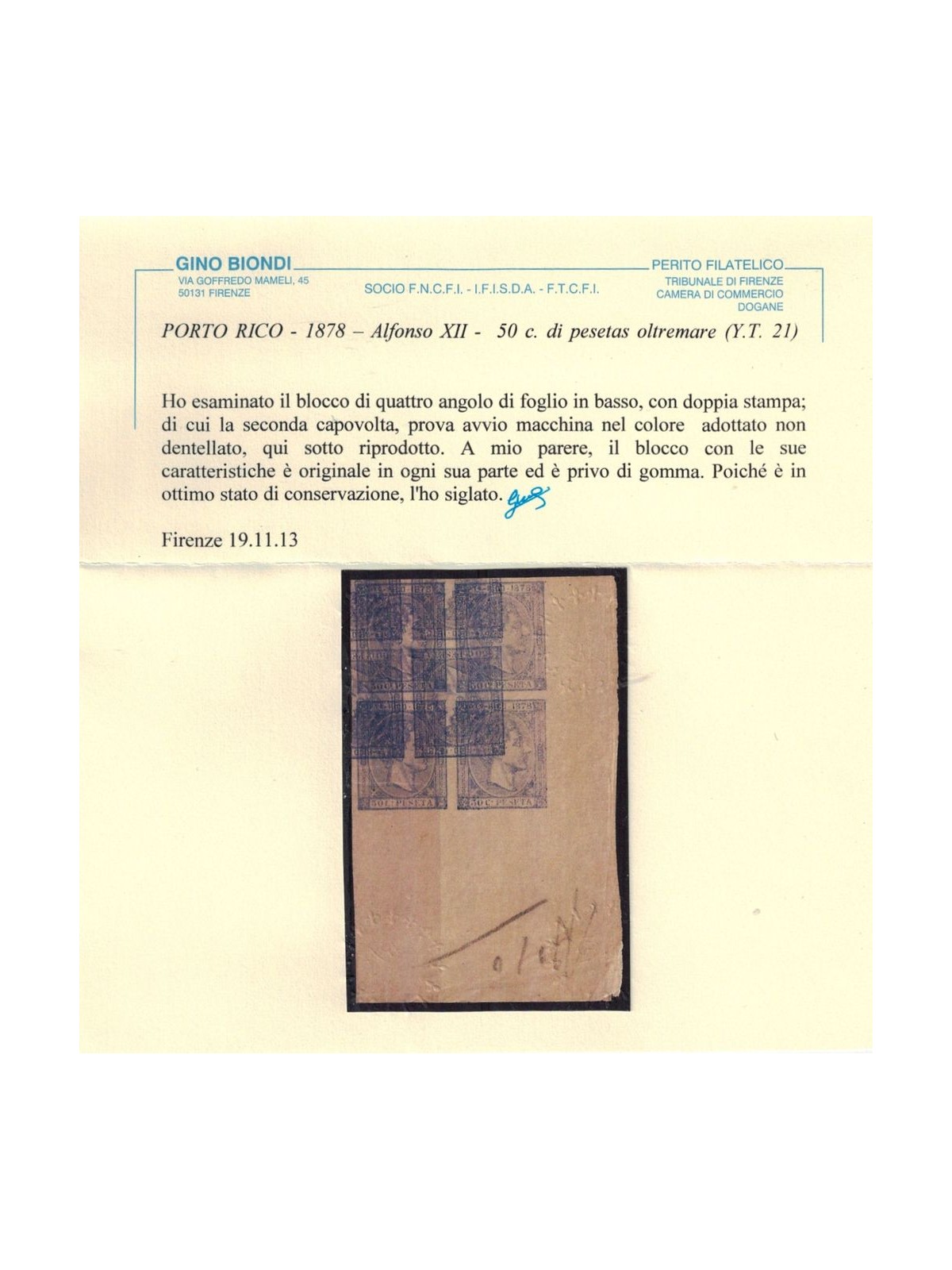 PORTO RICO 1878 Quartina Alfonso XII - 50c. di pesetas oltremare ©