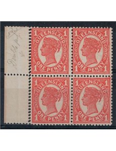 QUEENSLAND 1890-94 Varietà 1 Penny (doppia dent.) quartina MNH**