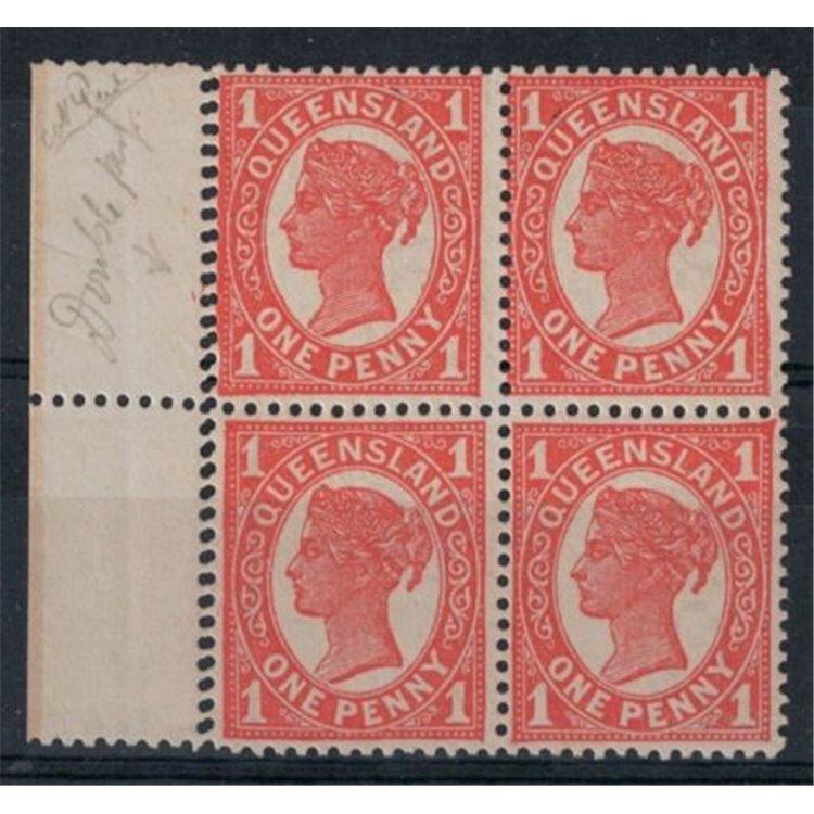 QUEENSLAND 1890-94 Variety 1 Penny (double perforation) block of four MNH**