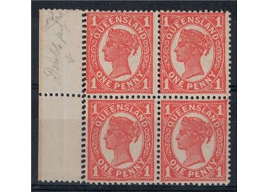 QUEENSLAND 1890-94 Variety 1 Penny (double perforation) block of four MNH**