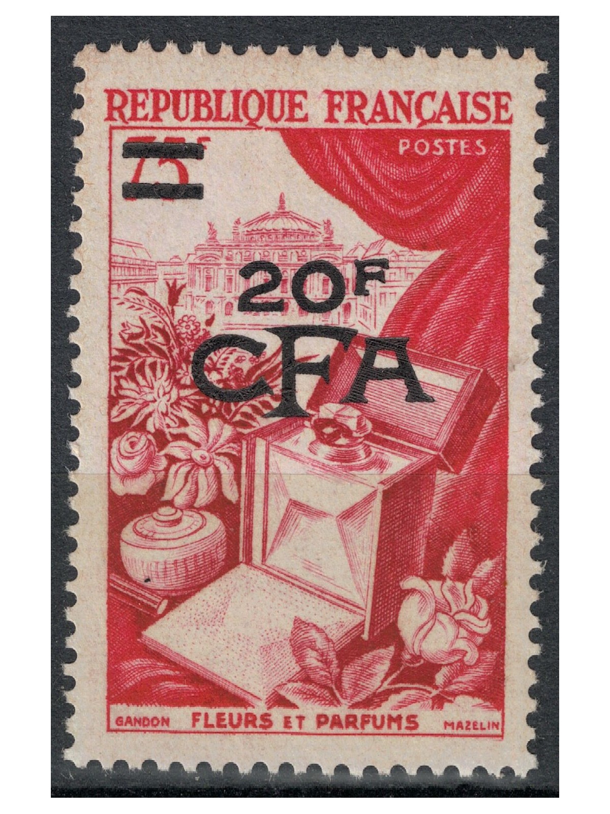 REUNION 1953-54 Fleurs et Parfums 20f on 75f MNH**